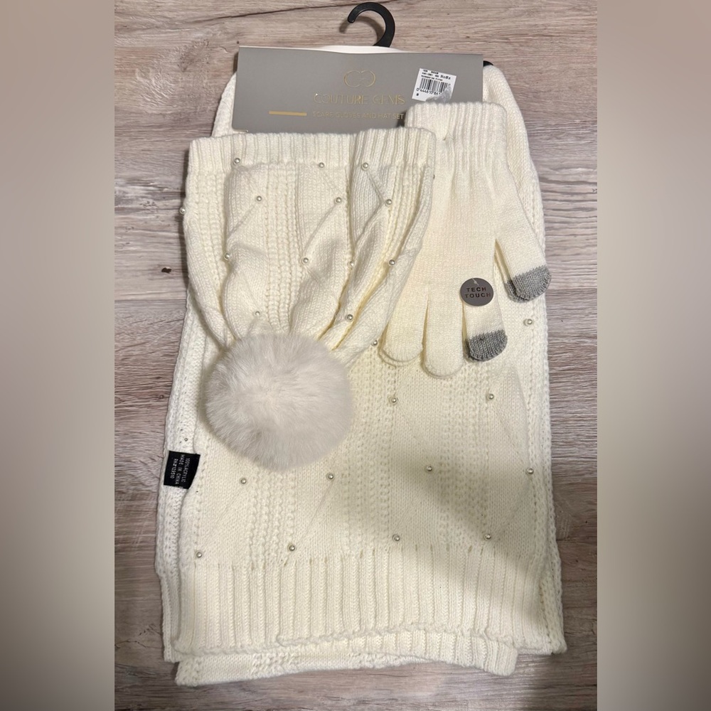 Couture Gems Winter set of scarf, hat, gloves in white, decorated with faux pear